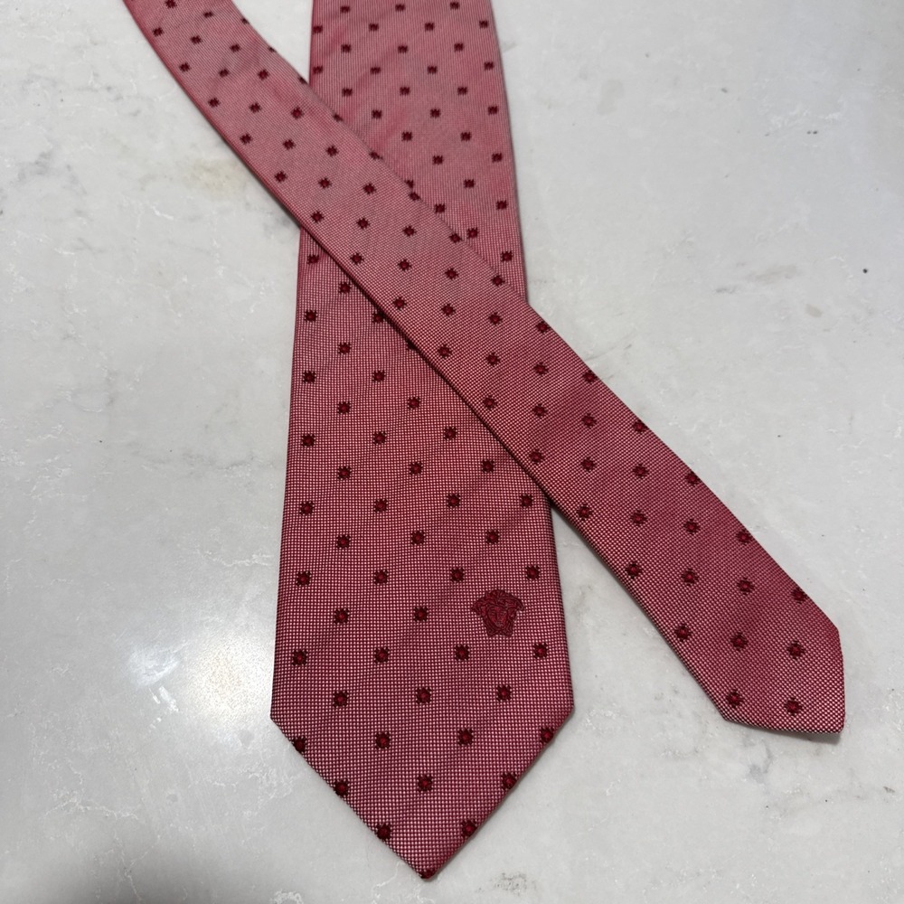 Vntg  VERSACE Silk Tie  | Red Medusa Logo Dot Pattern 58"x3.5"